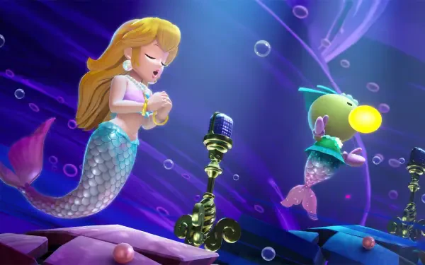 Princess Peach Showtime! HD PC desktop wallpaper and background showing mermaid Princess Peach singing underwater beside a glowing sea friend and vintage microphone.