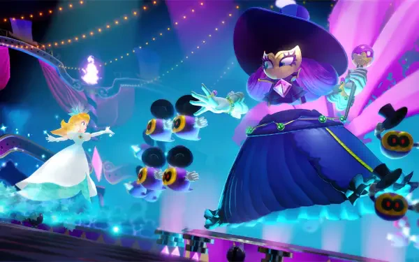 HD PC desktop wallpaper: Princess Peach — Showtime! scene, Peach in a white gown facing a towering witch on a glowing stage lit by colorful lights and hovering magical minions.