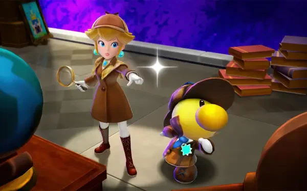 Princess Peach Showtime! HD PC desktop wallpaper: Princess Peach in a detective coat with magnifying glass beside a small yellow companion in a study with globe and stacked books.