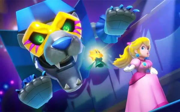 Princess Peach Showtime! HD PC desktop wallpaper — Princess Peach in a pink gown holds a glowing star onstage as a giant colorful robotic lion bursts from the backdrop amid dramatic lights.