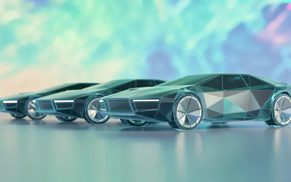 Three teal low-poly futuristic cars lined up against a pastel, iridescent bokeh backdrop — 4K Ultra HD PC desktop wallpaper and background.