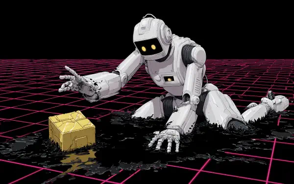 4K Ultra HD PC desktop sci‑fi wallpaper/background: a damaged white robot sinking through a neon grid, desperately reaching for a glowing box — failing, a poignant not good enough moment.