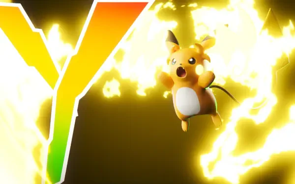 HD PC desktop wallpaper for the video game Pokémon Legends: Z-A - Mega Dimension showing an electrified Pikachu leaping through bright yellow lightning on a dark background.