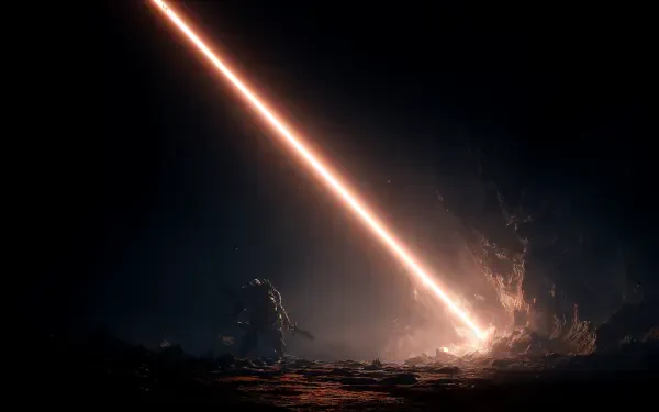 4K Ultra HD PC desktop wallpaper: a blazing diagonal beam of light pierces a dark, rocky landscape, striking the ground amid glowing debris and curling smoke.