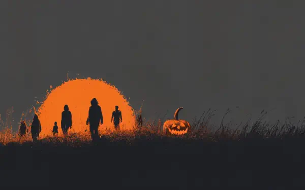 Halloween, minimal Halloween 4K Ultra HD PC desktop wallpaper and background: silhouetted figures and a jack-o'-lantern before an oversized orange moon over a dark grassy horizon.
