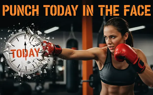 Motivational 4K Ultra HD PC desktop wallpaper and background: a woman in red boxing gloves punches a shattered clock labeled TODAY beneath bold text PUNCH TODAY IN THE FACE.