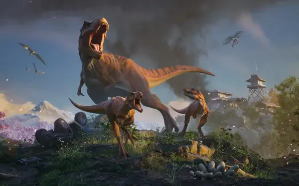 4K Ultra HD PC desktop wallpaper from the video game Jurassic World Evolution 3: roaring T. rex and two raptors amid eggs on a misty island as pterosaurs circle.