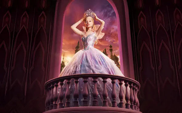 Wicked: For Good — 5K Ultra HD PC desktop wallpaper and background of a crowned woman in a shimmering ball gown on a balcony beneath a gothic arch, warm sunset glow behind her.