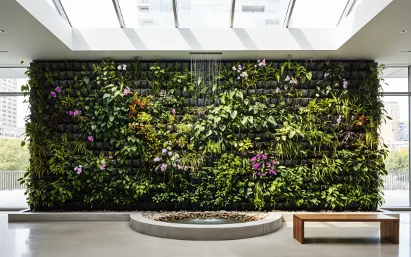 4K Ultra HD PC desktop wallpaper and background: indoor living wall of lush green plants with purple blooms under a skylight, circular planter and bench in a bright modern atrium.