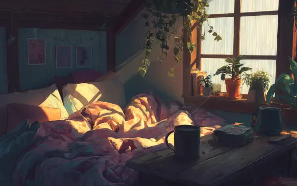 Cozy morning bedroom interior bathed in warm sunlight, rumpled bed, plants on the windowsill and a mug on the desk — 4K Ultra HD PC desktop wallpaper.