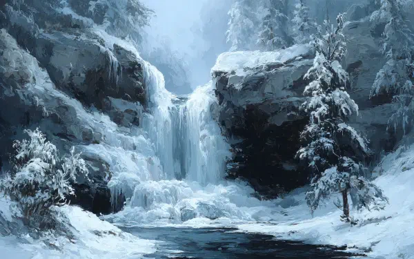 4K Ultra HD PC desktop wallpaper: serene frozen waterfall in a snow-laden forest, icy cascades and frosted evergreens under soft blue winter light.