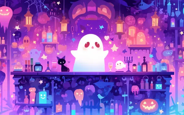 Cute anime-style ghost in a pastel neon Halloween scene with lanterns, jack-o'-lanterns and a black cat — aesthetic AI art, 2K Quad HD PC wallpaper/background.