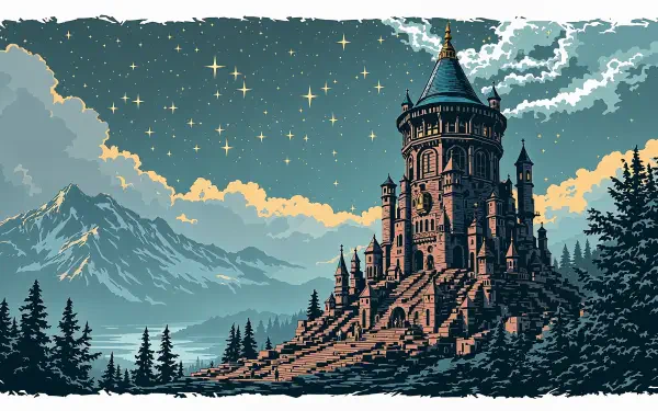 4K Ultra HD PC desktop wallpaper of a lone wizard tower on a rocky promontory under a starry sky, pine forest foreground and distant snow-capped mountains.