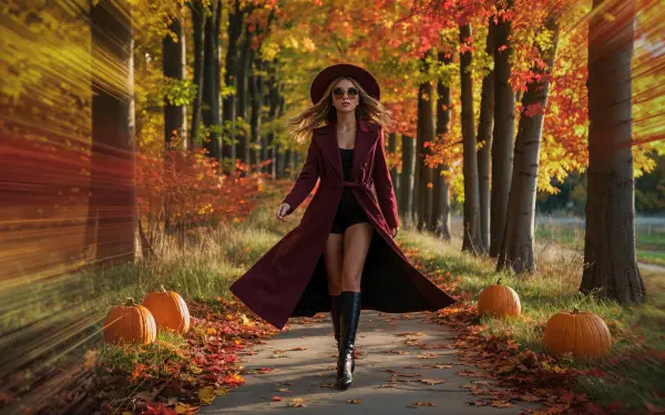 Fall fashion — woman in wide-brim hat, burgundy coat and knee-high boots walks a pumpkin-lined autumn path; 4K Ultra HD PC desktop wallpaper and background.