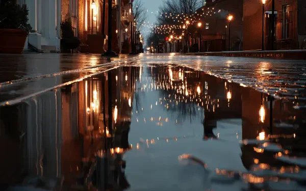 Puddle-lined city street at dusk with warm string lights mirrored in rain — rainy reflection; 4K Ultra HD PC desktop wallpaper and background.