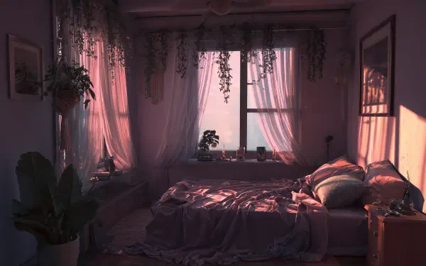 Aesthetic interior bedroom at sunset — soft pink light over a rumpled bed, trailing plants by the window. 4K Ultra HD PC desktop wallpaper and background.