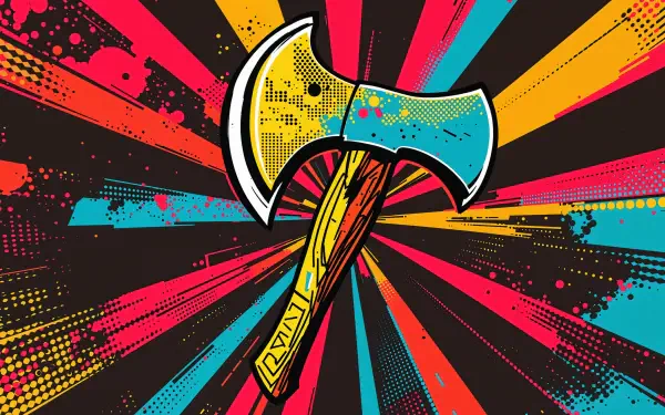Colorful pop-art axe with a yellow handle and turquoise blade exploding from a red, yellow and blue radial halftone — 4K Ultra HD PC desktop wallpaper and background.