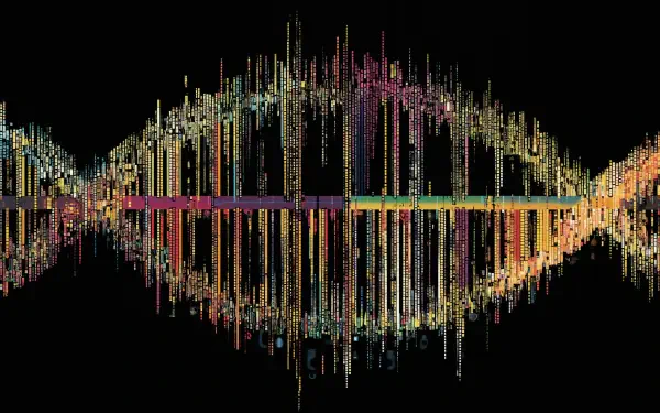4K Ultra HD PC desktop wallpaper showing genetic code as a stylized double helix of cascading multicolored data bars and digits on a black background.
