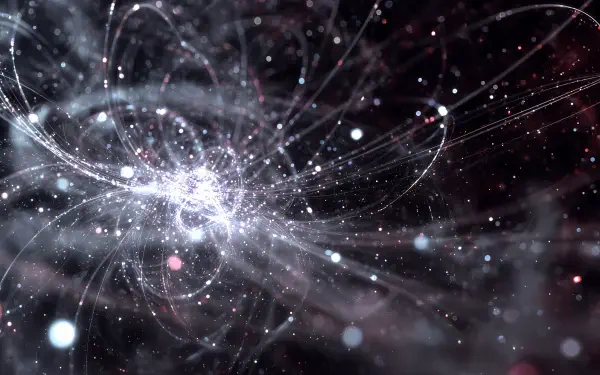 4K Ultra HD PC wallpaper: luminous quantum field — swirling filaments and particles radiating from a bright central nexus against a dark cosmic background.