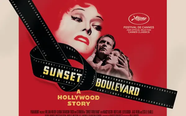 Bold red Sunset Boulevard movie poster featuring dramatic faces, a filmstrip title and Cannes laurel — HD PC desktop wallpaper/background that evokes classic Hollywood.