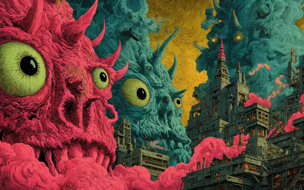 Weirdcore 4K Ultra HD PC desktop wallpaper and background: giant pink and teal monstrous faces loom over a detailed gothic cityscape beneath a glowing yellow sky.