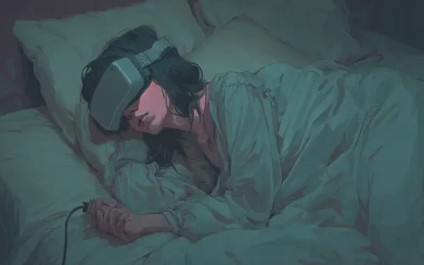 Sleepcore 4K Ultra HD PC desktop wallpaper: stylized teal scene of a person asleep under blankets wearing a VR headset and headphones, hand resting on the sheets.