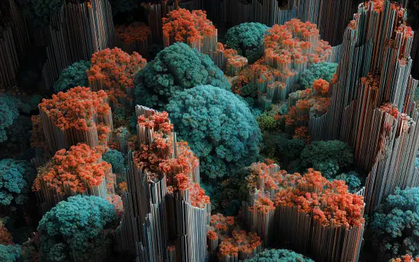 Abstract 'Entropy' fractal landscape of teal and coral organic mounds amid tall metallic columnar spikes — high-detail 4K Ultra HD PC desktop wallpaper and background.