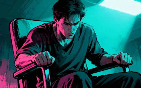 Stressed out man gripping armrests in a tilted chair under neon teal and magenta light — 4K Ultra HD PC desktop wallpaper/background