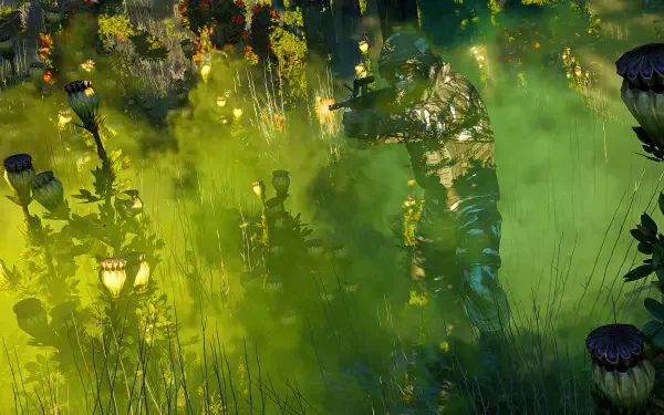 4K Ultra HD PC desktop wallpaper — Active Matter video game scene: a mossy armored figure emerging from glowing green fog amid overgrown lamps and dense vegetation.