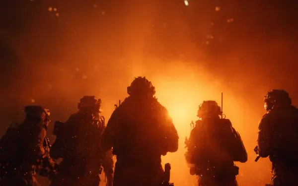 Silhouetted soldiers with a central military leader advancing toward a massive explosion, a dramatic army scene rendered as a 2K Quad HD PC desktop wallpaper/background.