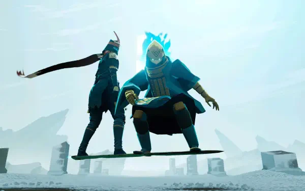 4K Ultra HD PC desktop wallpaper from the video game Sword of the Sea: two gaming characters on a misty shore — one crouched on a levitating board with a blue‑flame helm, the other stands with a flowing scarf.