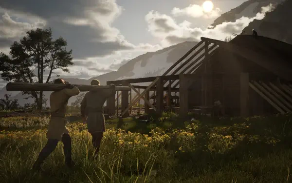 NORSE: Oath of Blood video game 4K Ultra HD PC desktop wallpaper/background — two villagers carry timber toward a longhouse at dusk beneath cloudy skies and distant mountains.