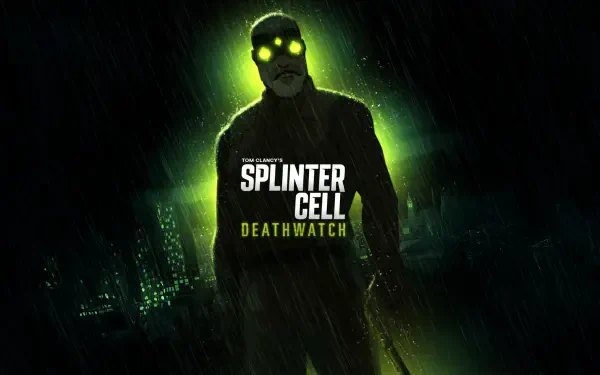 Splinter Cell: Deathwatch 5K Ultra HD PC desktop wallpaper showing a silhouetted agent with glowing green goggles and trench coat emerging from a rain-soaked neon cityscape.