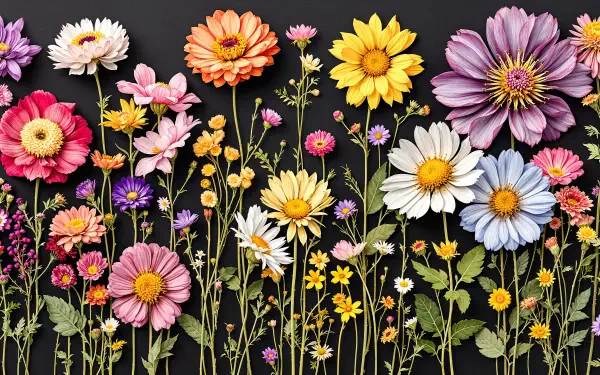 Pressed wildflowers and daisies on a dark background — vivid, highly detailed composition rendered as a 4K Ultra HD PC desktop wallpaper and background.
