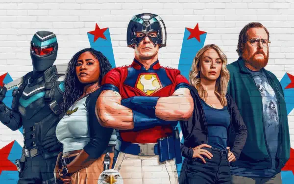 Peacemaker (TV Show) 4K Ultra HD PC desktop wallpaper — Peacemaker stands center with teammates against a white brick wall decorated with red stars.