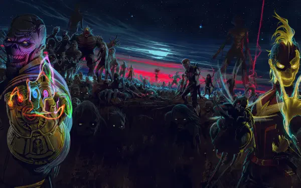 4K Ultra HD PC desktop wallpaper: Marvel Zombies — neon-glowing, decayed superheroes and a massive undead horde under a blood-red, stormy night sky.