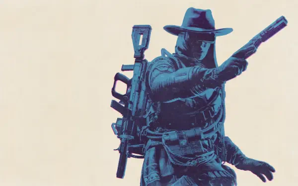 ARC Raiders video game 2K Quad HD PC desktop wallpaper/background: cyan-tinted masked raider in a fedora and tactical gear aiming a rifle against a pale backdrop.