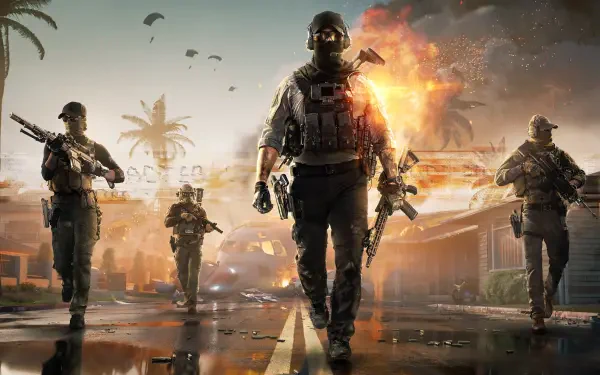 2K Quad HD PC desktop wallpaper: Battlefield video game — Battlefield: RedSec scene of four soldiers marching down a wet street amid explosions, parachutes and palm trees under a fiery sky.