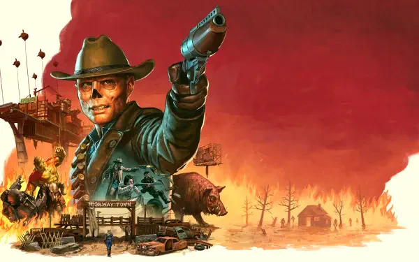 Fallout 76 video game 2K Quad HD PC desktop wallpaper and background: cowboy survivor aiming a pistol over a post‑apocalyptic wasteland with outposts, raiders and mutated creatures beneath a red sky.
