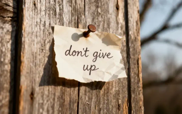 4K Ultra HD PC desktop wallpaper and background: a torn note pinned to weathered wood reads don't give up against a soft-focused outdoor backdrop.