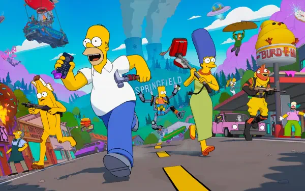 HD PC desktop wallpaper of The Simpsons crossed with Fortnite: Homer, Marge, Bart and Lisa in battle gear running through a chaotic Springfield with gliders and colorful video game scenery.