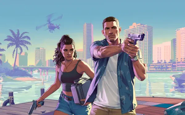 Grand Theft Auto VI game art: HD PC desktop wallpaper of Vice City - two armed characters on a waterfront dock with boombox, helicopter, palm trees and neon skyline.