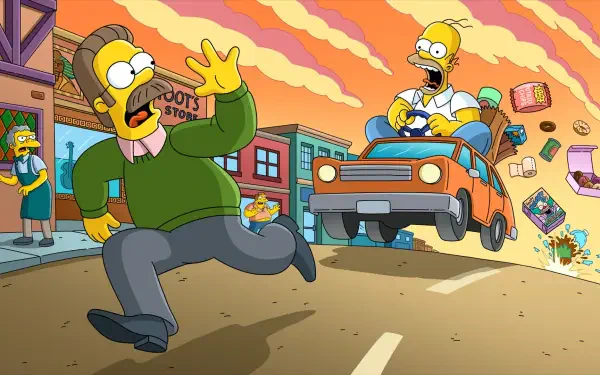 HD PC desktop wallpaper of The Simpsons meets Fortnite: Homer in a flying car chases a fleeing Ned Flanders through Springfield as loot and items scatter under a blazing orange sky