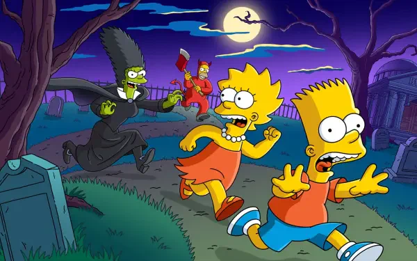 HD PC desktop wallpaper/background: video game Fortnite-style The Simpsons scene — Bart and Lisa sprint through a moonlit graveyard as Marge in a monster gown and devilish Homer chase them.