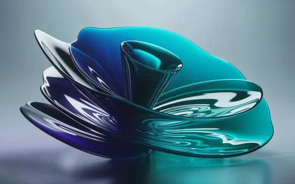 Dual-tone abstract glass-like fluid sculpture in teal and indigo with glossy reflections on a smooth surface — 4K Ultra HD PC desktop wallpaper/background.