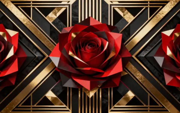 4K Ultra HD PC desktop wallpaper and background: origami-style red rose centered on black and gold Art Deco geometric panels, mirrored roses along the sides.