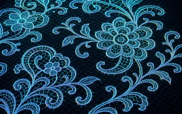 Glowing blue lace floral motifs on a dark grid, rendered as a 4K Ultra HD PC desktop wallpaper.