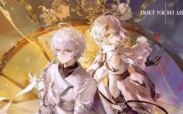 HD PC desktop wallpaper and background for the video game Duet Night Abyss showing two white-haired characters back-to-back amid golden clockwork and ethereal light.