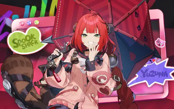 4K Ultra HD PC desktop wallpaper of Ukinami Yuzuha from video game Zenless Zone Zero: red-haired girl in pink outfit with umbrella, playful pose against neon game-styled backdrop.