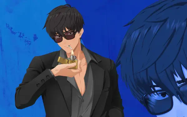 4K PC anime desktop wallpaper featuring Trigun Stargaze's Nicholas D. Wolfwood in a black suit and sunglasses, holding a lighter against a deep blue portrait-style background.